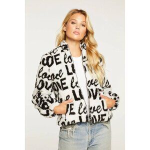 Love Print Faux Fur Teddy Jacket w/Pockets Size S Lined Chaser Coat Zip Winter